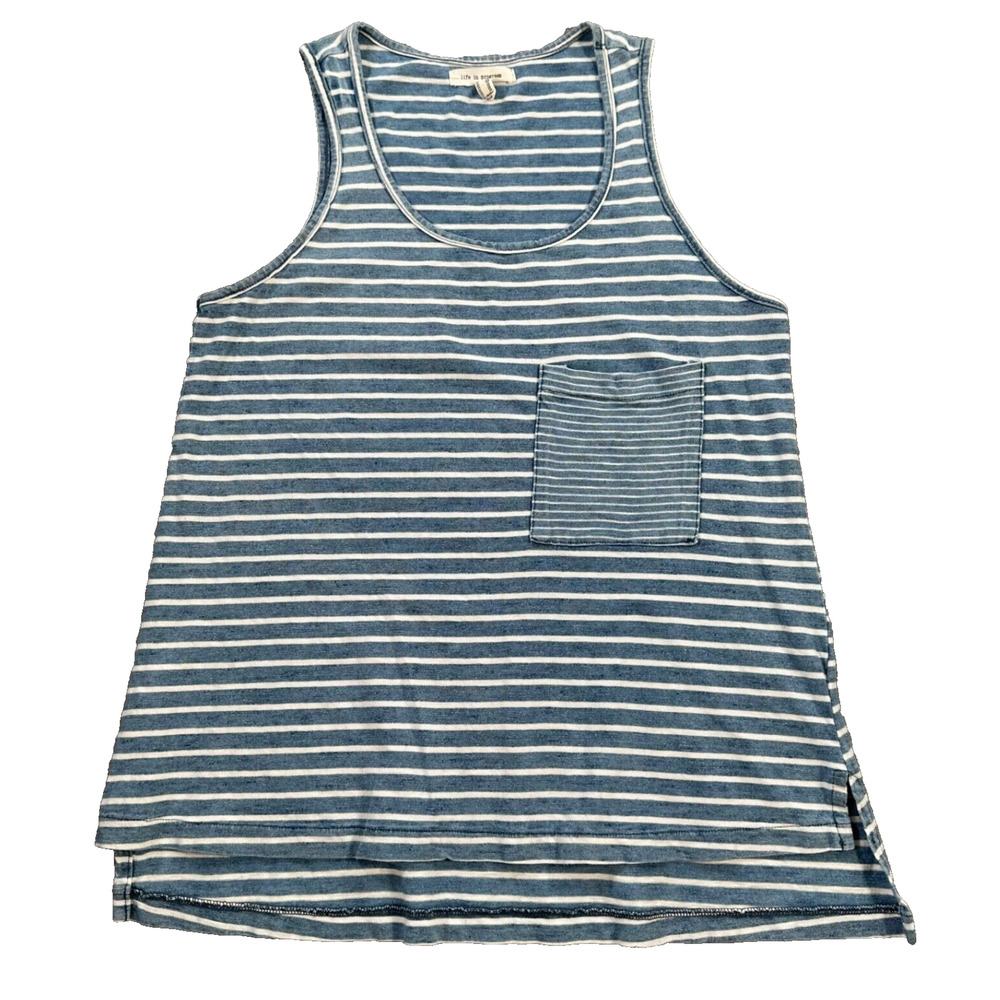 Life In Progress Stripe Pocket Tank Top Womens X-Small Chambray White Scoop Neck